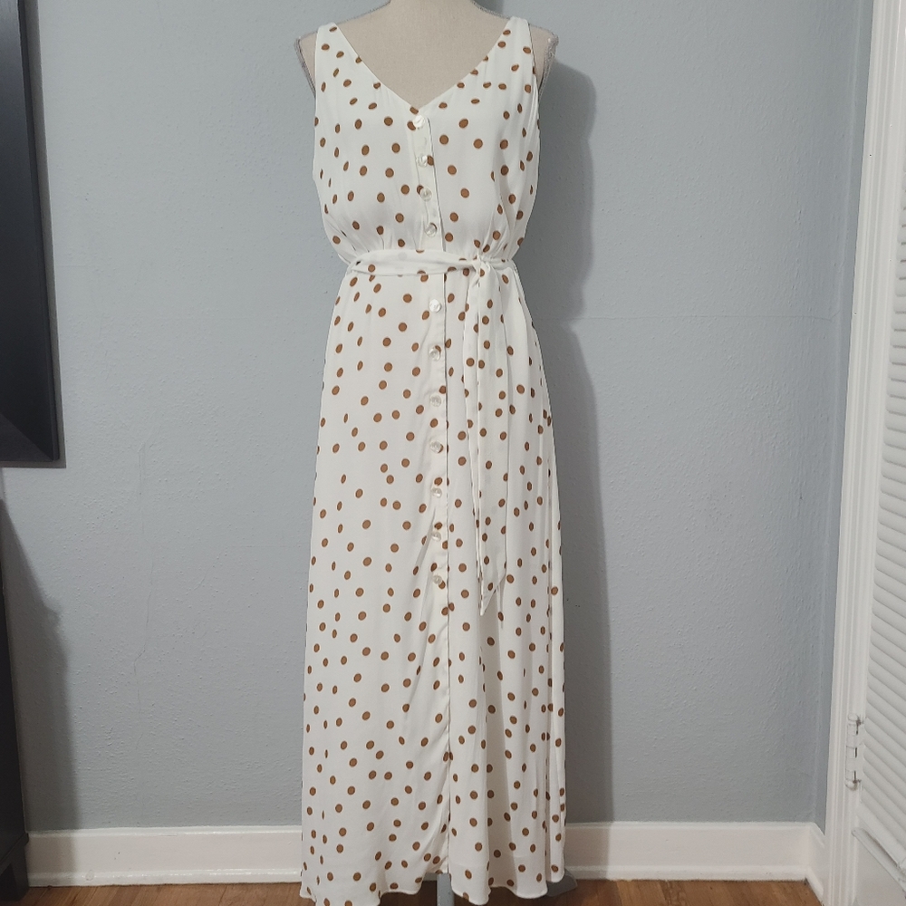 Massimo Dutti  Polka Dot Maxi Dress in White and‎ Brown NWT Size 10